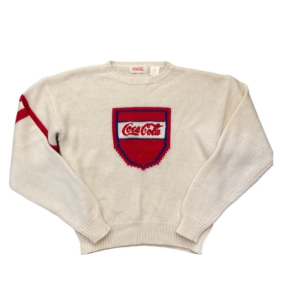Vintage Coca Cola Knit Sweater Cream Intarsia Red Blue Logo Wool Blend 80s - Picture 8 of 11